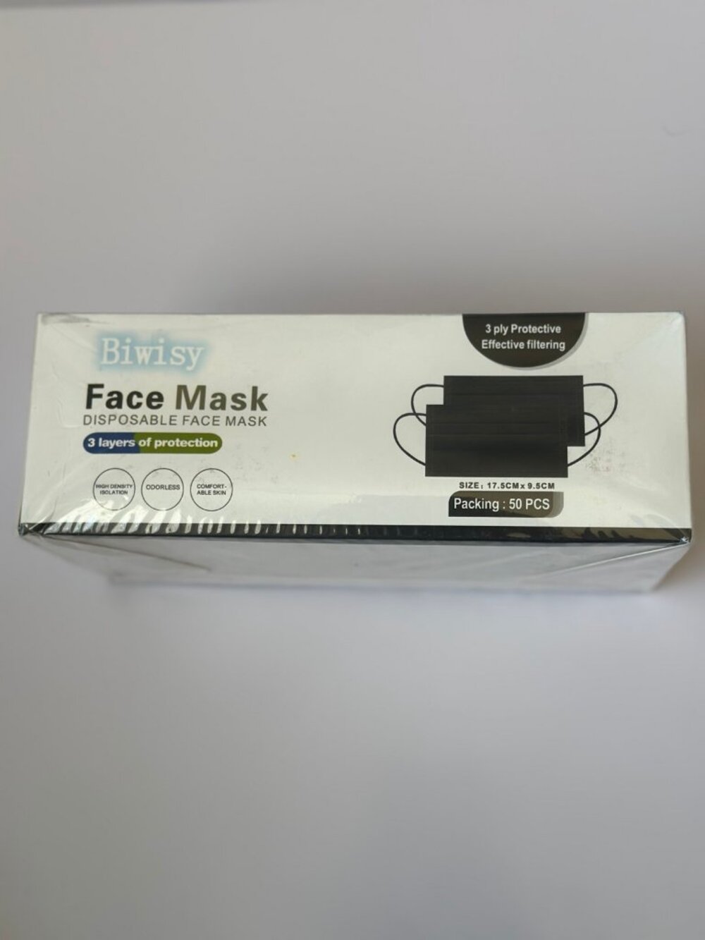 Biwisy Disposable Face Masks - 3-Ply, 50 Count Box, Black, Factory Sealed